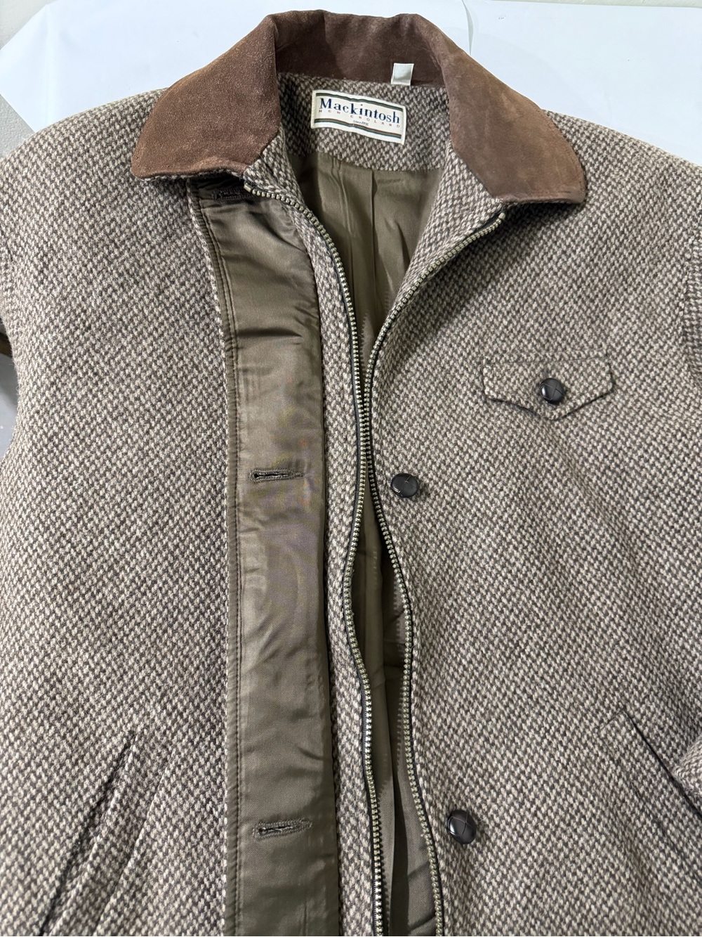 Vintage Macintosh Wool Brown Herringbone Wool Jacket with Suede Collar size 10